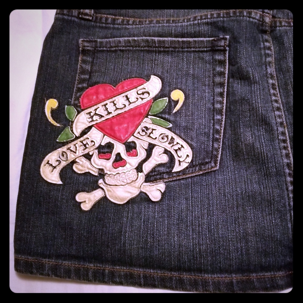 Ed hardy graphic jean skirt